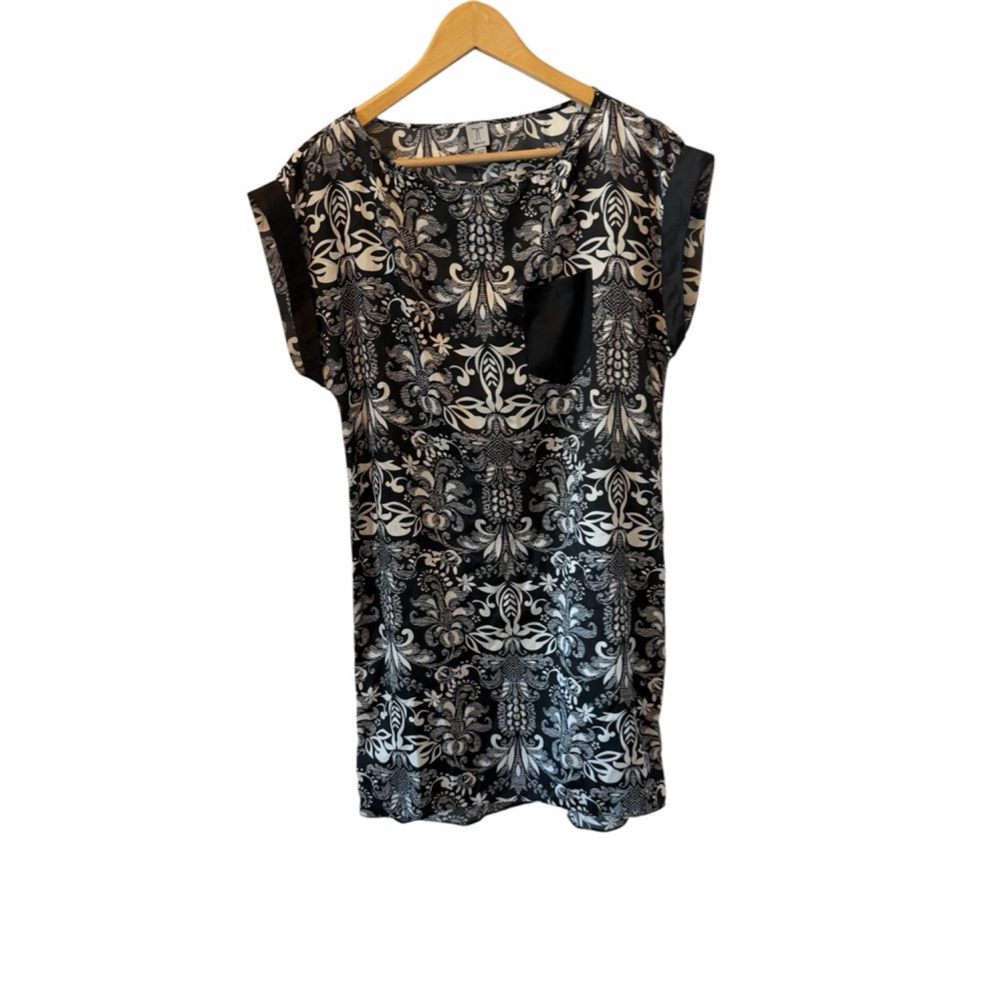 Tristan Black White Damask Print Blouse Womens Small Cap Sleeve Dress